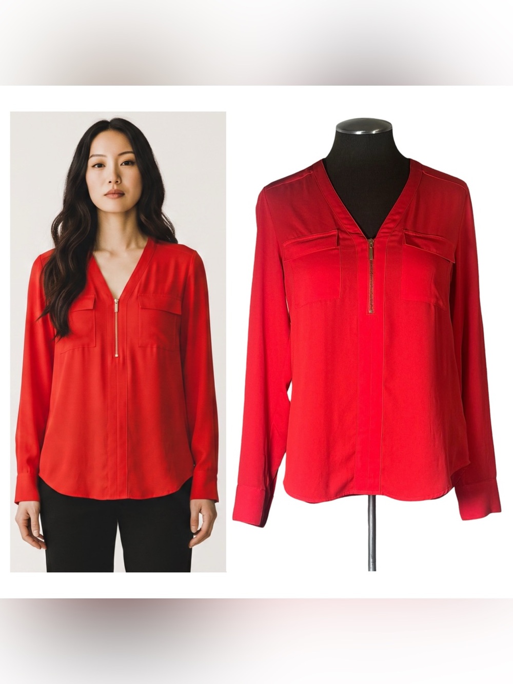 🆕 Express – Red V-Neck Long Sleeve Zip Front Top – Small